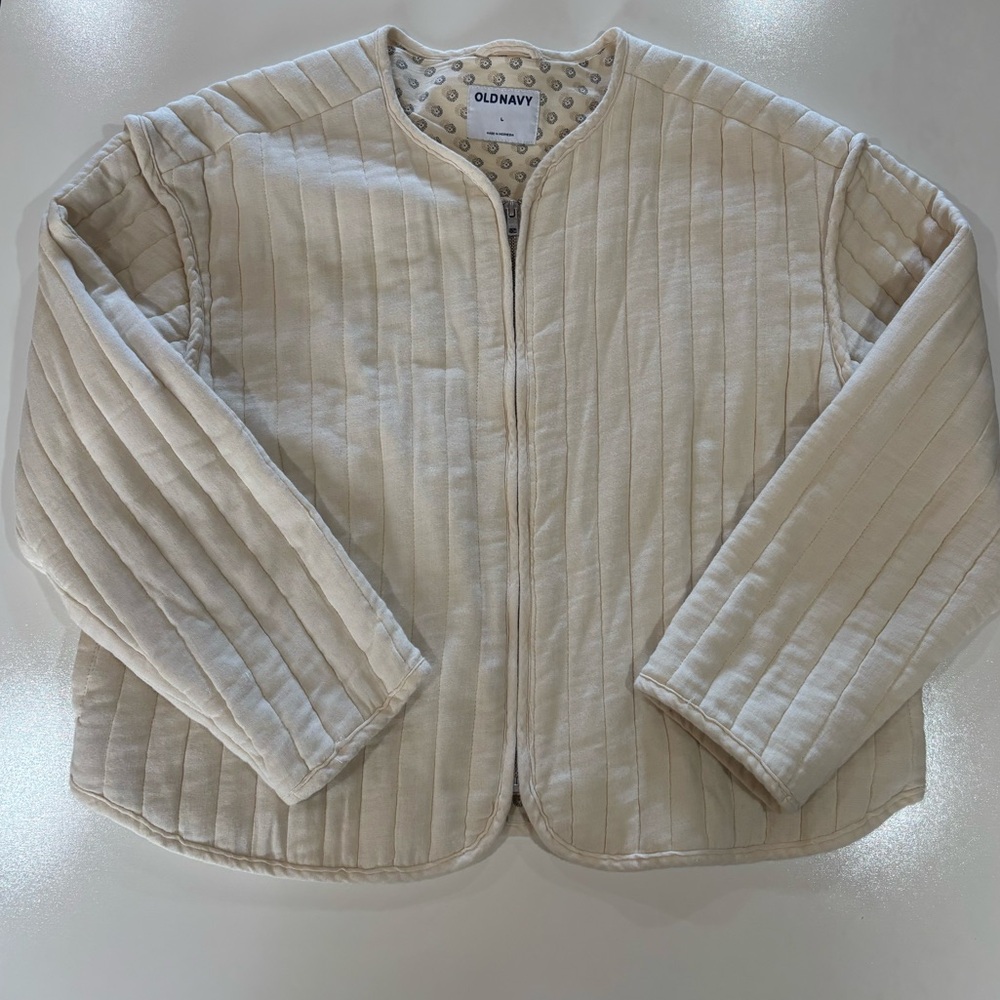 Old Navy Cream Quilted Collarless Zip Jacket